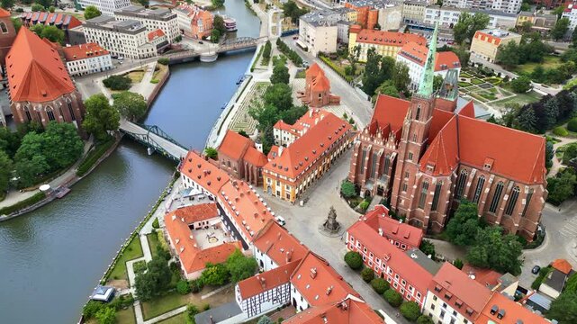 Aerial drone view of Wroclaw city on the Oder River in western Poland