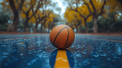 A low-angle view of an outdoor basketball court with a ball on the floor, ready for athletic competition or recreation, capturing the essence of exercise, cardio, and sports