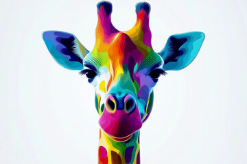 Giraffe illustration, bold colors, graphic design, stylized animal portrait, unique art style on a light background, emphasis on features and colors.