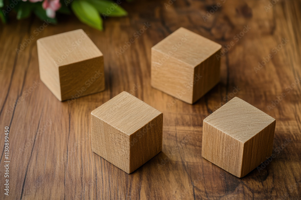 Poster four wooden blocks arranged on a wooden surface, with a hint of greenery in the background, creating
