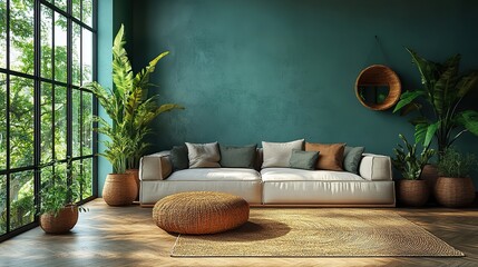 A luxurious living room interior with eco-friendly furniture represents sustainable design and contemporary accommodation