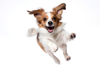 Fototapeta premium Joyful dog leaps with excitement in a playful moment indoors