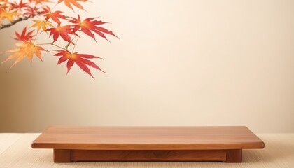 Wooden Platform with Beige Background and Red Maple Leaves for Product Display Montage, Product Photography, Japan style 