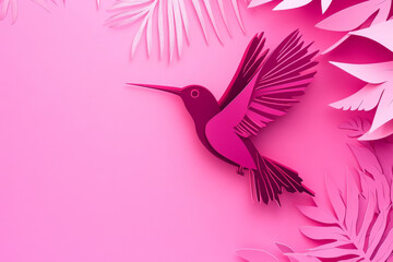 Obraz premium Paper cut, hummingbird on vibrant pink background, rapid wings and sleek lines, tropical flight theme.