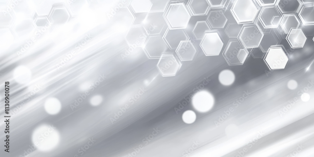 Poster abstract metallic silver background with glowing hexagonal shapes. soft white lights illuminate the 