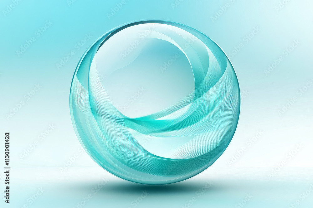 Poster a unique abstract sphere with teal waves, minimalistic and futuristic against a gradient light blue 