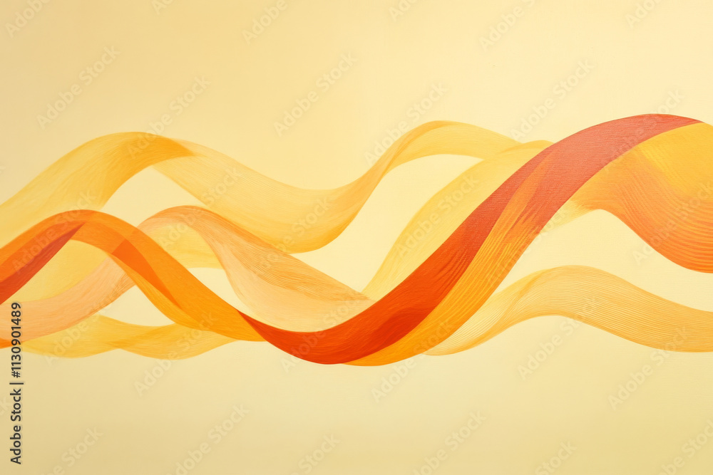 Poster a bold abstract sphere with fiery orange waves, minimalistic and dynamic over a pale yellow canvas.