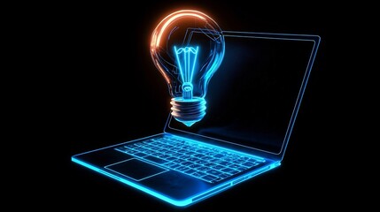 Futuristic Glowing Light Bulb Hovering Above an Open Laptop Representing Innovation and Technology