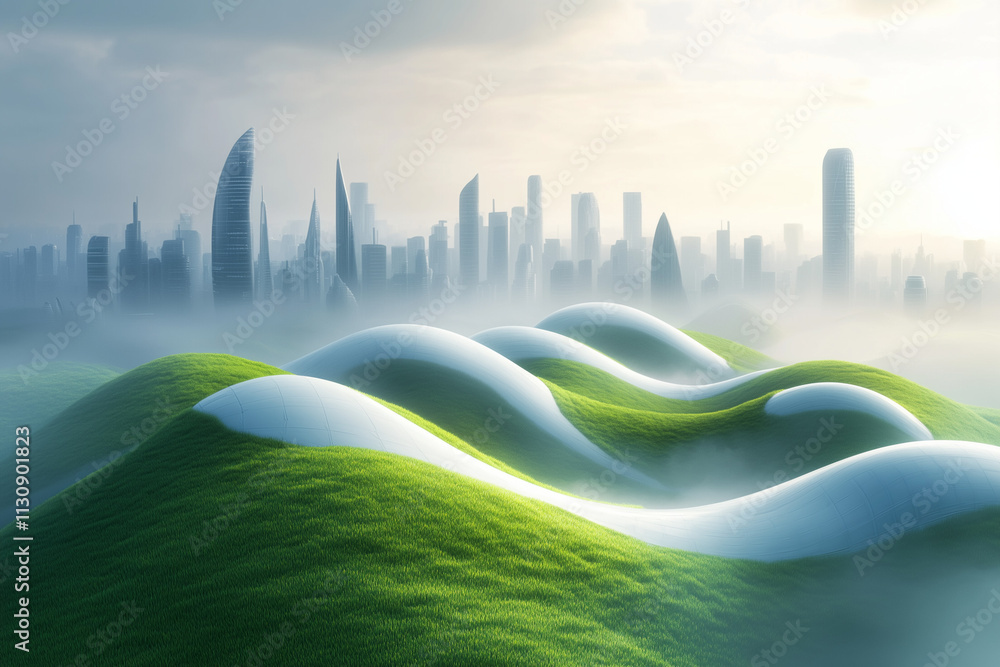 Poster a futuristic city filled with flowing architecture resembling waves, integrated with lush greenery a