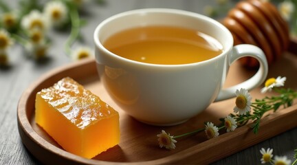 A warm cup of chamomile tea with honeycomb on a wooden tray offers a soothing and natural herbal experience