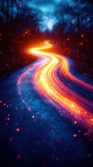 Obraz premium A glowing, winding road illuminated by vibrant colors against a dark backdrop.