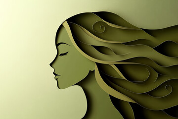 Obraz premium Abstract profile, creative design, paper cut, middle-aged silhouette, olive green background, elegant hair curves, minimalistic art, beauty concept, modern illustration, artistic expression, fashion