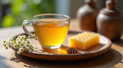 A warm cup of chamomile tea with honeycomb on a wooden tray offers a soothing and natural herbal experience