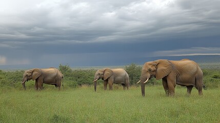 Fototapeta premium Rain clouds over a savanna landscape with elephants grazing 