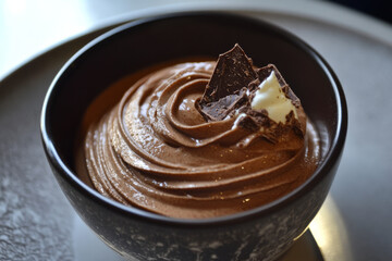 Mocha mousse swirls in bold chocolate tones, highlighted with light frothy textures and subtle ripples.