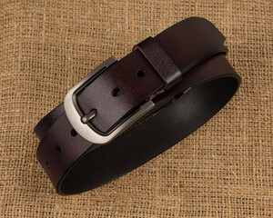 Classic Leather Belt on Natural Canvas Fabric