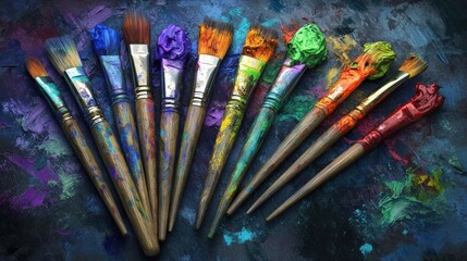Obraz premium Paint-covered brushes arranged on a palette.