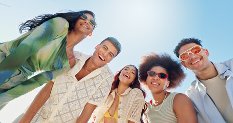 Portrait, sky and group of happy people on beach with confidence, diversity or outdoor adventure...