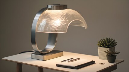 A modern lamp with an oversized shade on a small white desk