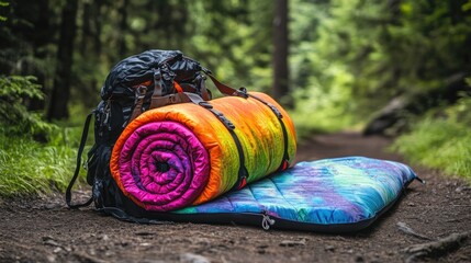 A colorful sleeping pad rolled up and strapped to a backpack, ready for an exciting camping adventure in the wilderness