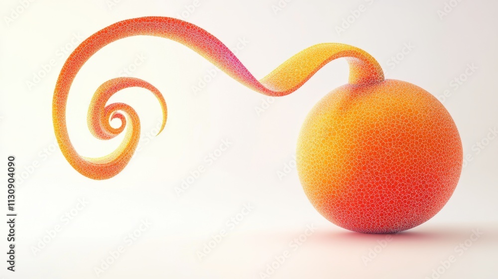 Poster a vibrant orange spherical shape with a swirling ribbon, creating a playful and dynamic visual effec