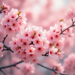 Obraz premium The image showcases delicate pink cherry blossoms in full bloom, with a blurred background that appears to be a soft gradient of pastel pink hues.