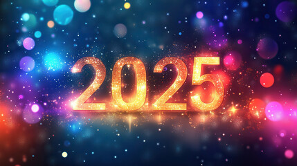 Sparkling 2025 Numbers with Colorful Bokeh Background Effects