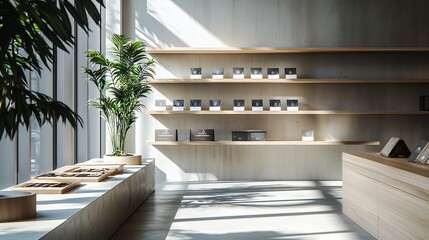Fototapeta premium Sleek and Modern Specialty Coffee Retail Display with Minimalist Wooden Shelves and Neatly Arranged Merchandise