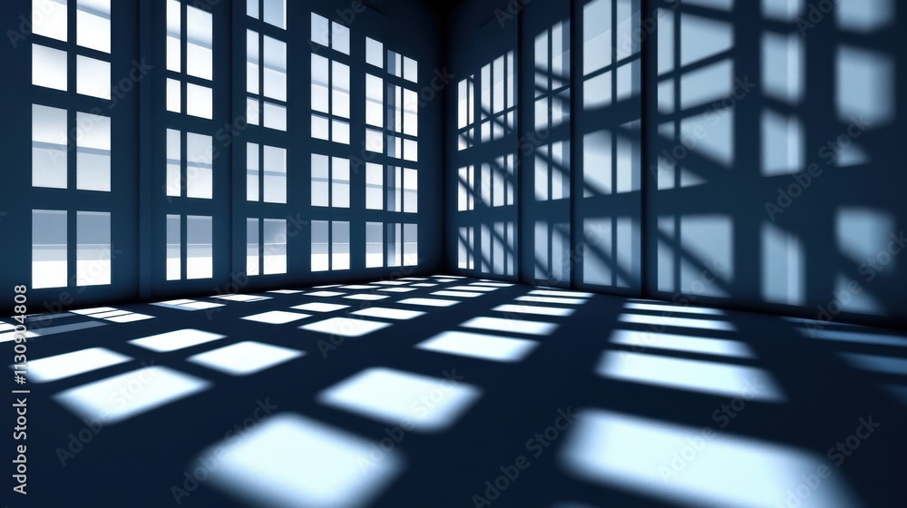 Poster a serene blue room filled with intricate shadows created by sunlight filtering through multiple wind