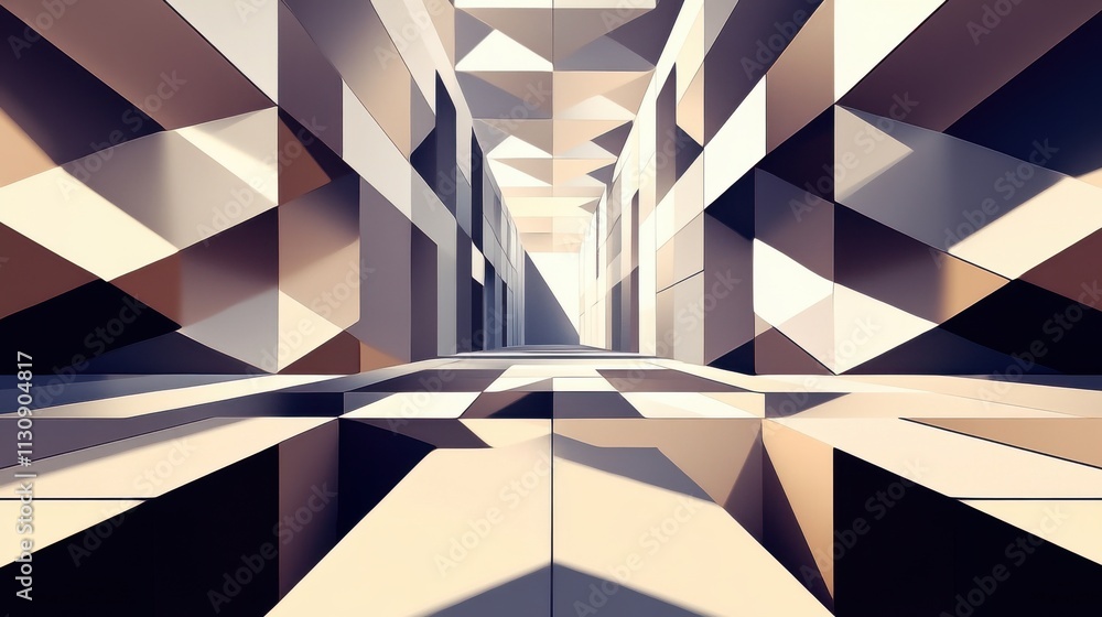 Poster abstract geometric hallway filled with light and shadows, creating a dynamic and modern atmosphere.