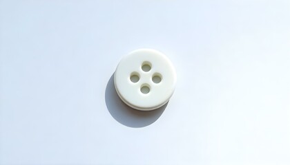 A close-up of a sewing white button with four holes, featuring slight texture details on the surface, illuminated by soft diffused light, casting subtle shadows on the plain white background.
