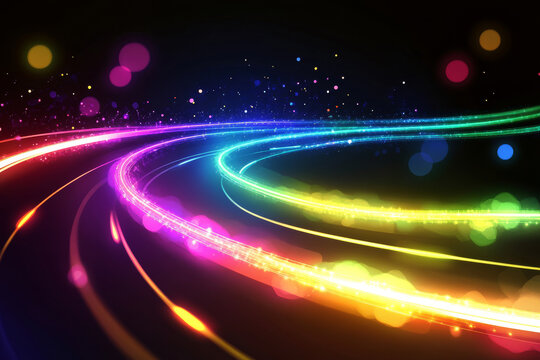 A vibrant glowing circuit design with intersecting lines and colorful luminous digital pathways.