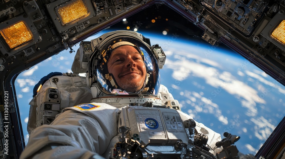 Poster astronaut floating in space station earth visible captivating view zero gravity cosmic perspective