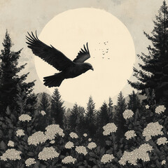 Fototapeta premium Majestic Eagle Soaring Over Dark Forest with Full Moon Background