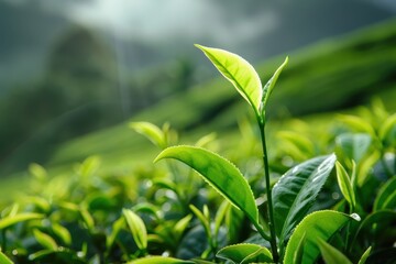 Fototapeta premium Green tea leaves and buds on plantations