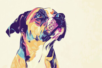 Dog illustration, bold colors, graphic design, stylized animal portrait, unique art style on a light background, emphasis on features and colors.