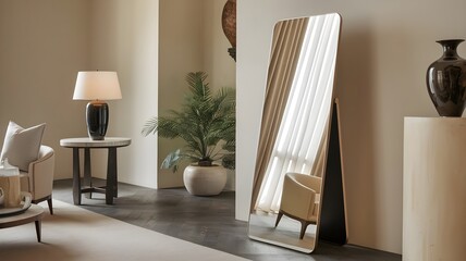 A tall standing mirror reflecting a soft curtain in an elegant space