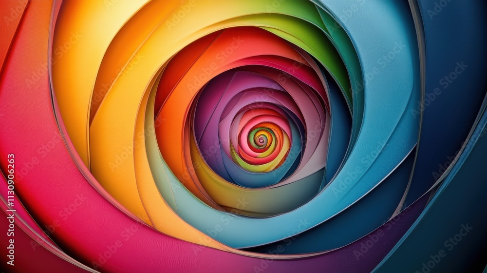 Poster a vibrant spiral of colorful paper layers, creating a mesmerizing visual effect that draws the eye i