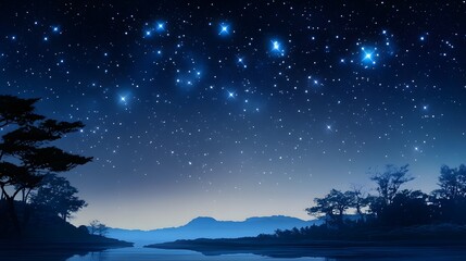 Naklejka premium Serene Night Sky Over Silhouetted Trees And Lake