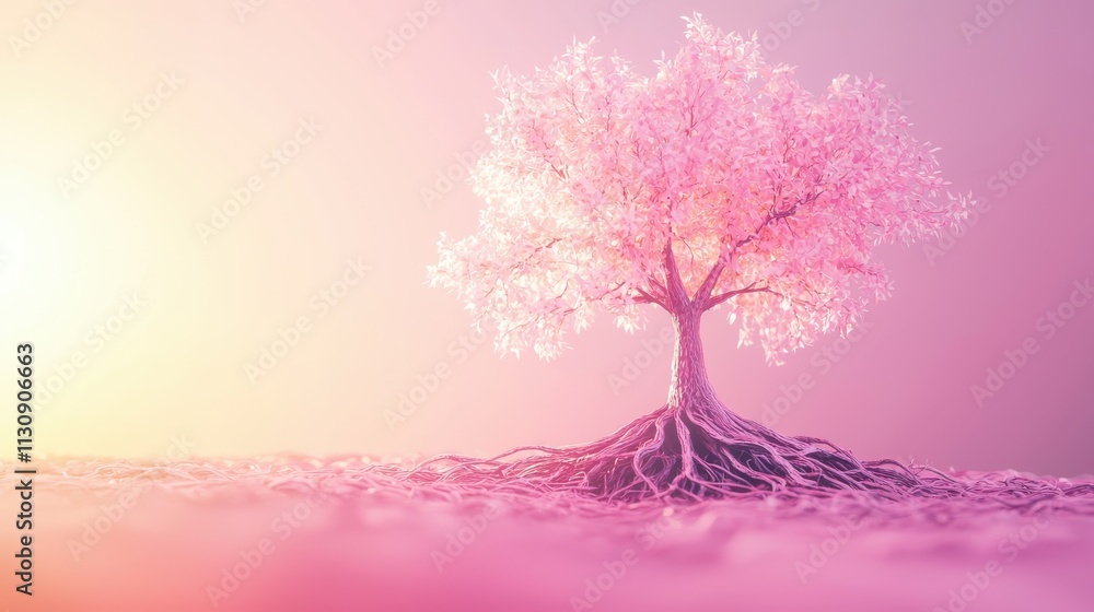 Poster vibrant 3d render of a glowing tree with illuminated roots and branches against a soft gradient back