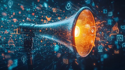 Megaphone Projecting Creative Icons and Graphics for Media Engagement Concept