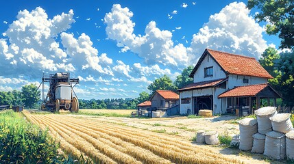 Naklejka premium Sunny rural landscape with farmhouse, harvested field, and farm equipment.