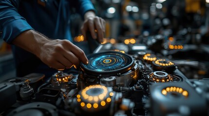 Obraz premium A mechanic uses a tablet to work on a car engine in a garage, showcasing modern technology in auto repair