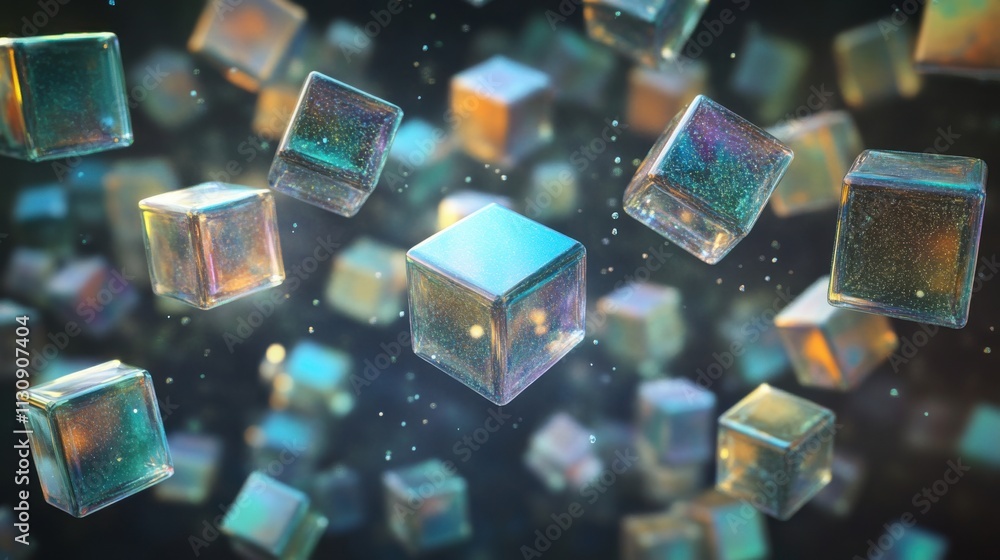 Poster a mesmerizing array of floating, iridescent cubes in a dreamy, abstract scene, creating a sense of d