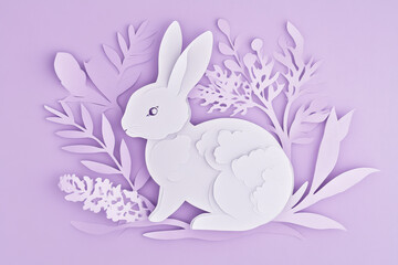 Fototapeta premium Paper cut, rabbit on soft lavender background, delicate curves and subtle hues, playful nature theme.