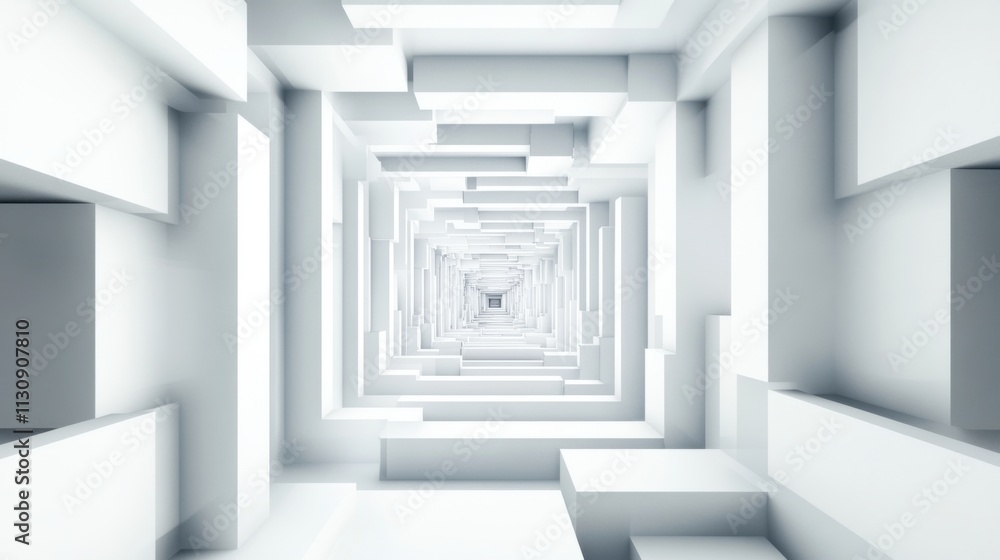 Poster an abstract geometric tunnel of white cubes creates a sense of depth and infinite space.