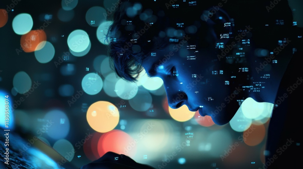 Poster exploring software development a programmer's dimly lit multi-screen experience