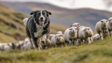Working Dog Breed Herding Sheep Across a Rolling Hillside, Demonstrating Their Natural Instincts and Teamwork 
