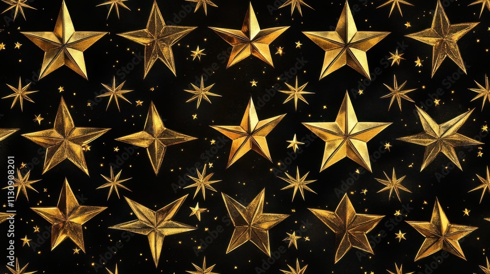 Poster a stunning pattern of golden stars on a black background, creating a striking visual contrast and fe