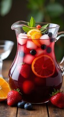 A refreshing glass pitcher filled with mixed berry iced tea garnished with fresh orange slices, mint leaves, and ice, on a rustic wooden table